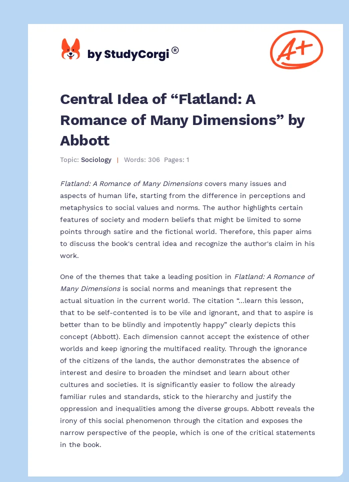 Central Idea of “Flatland: A Romance of Many Dimensions” by Abbott. Page 1