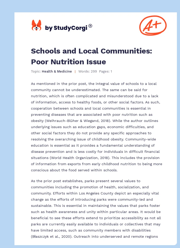 Schools and Local Communities: Poor Nutrition Issue. Page 1