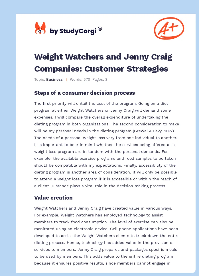 Weight Watchers and Jenny Craig Companies: Customer Strategies. Page 1