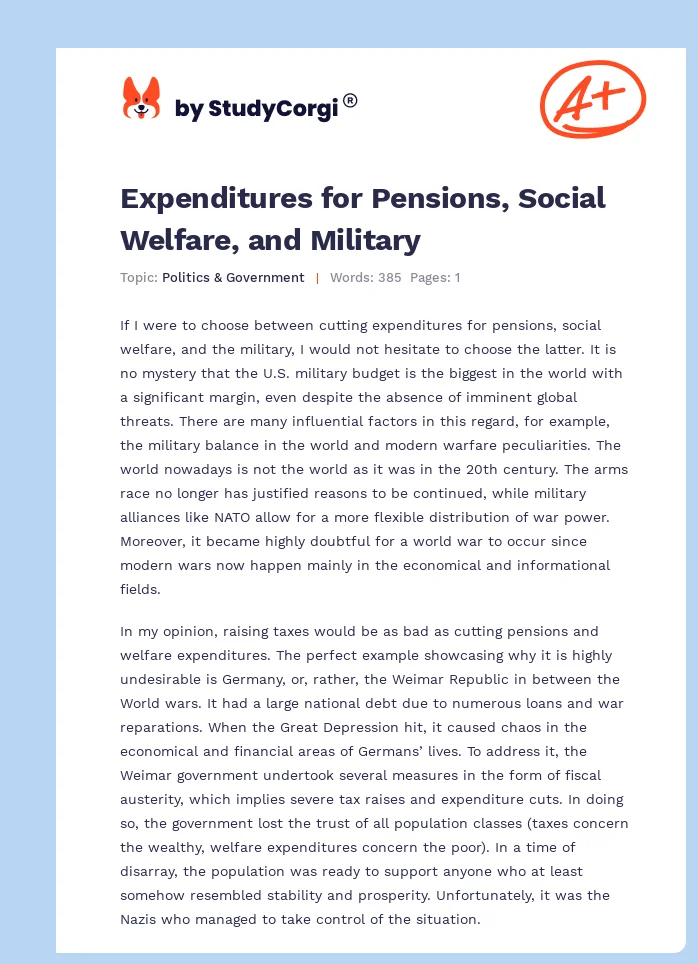 Expenditures for Pensions, Social Welfare, and Military. Page 1