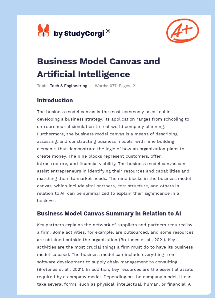 Business Model Canvas and Artificial Intelligence. Page 1
