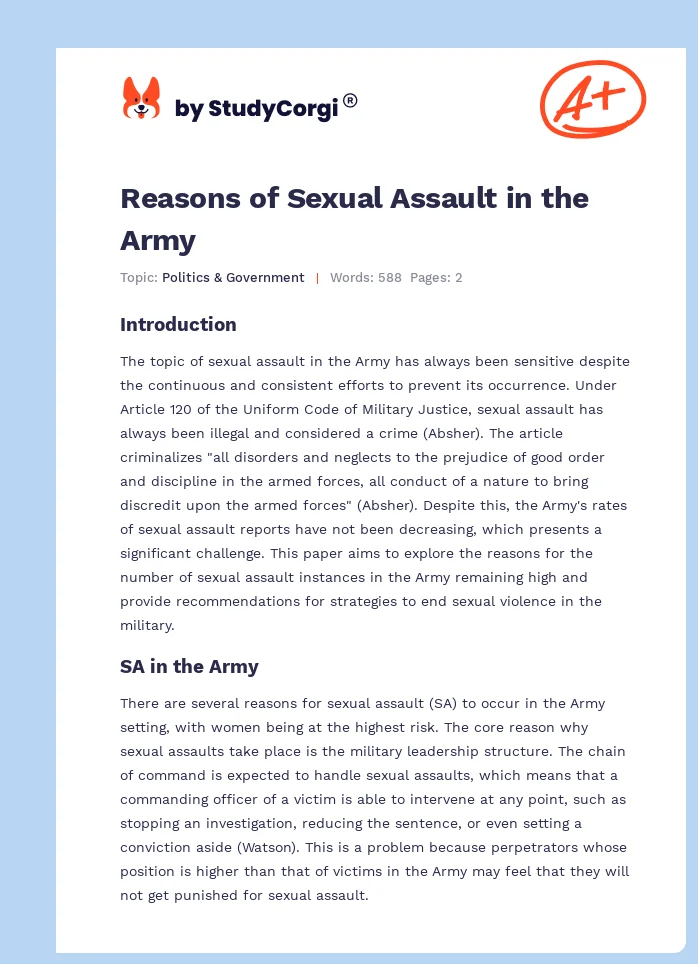 Reasons of Sexual Assault in the Army. Page 1