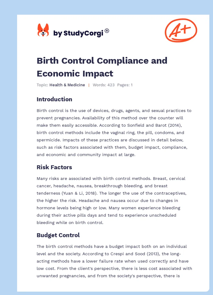 Birth Control Compliance and Economic Impact. Page 1