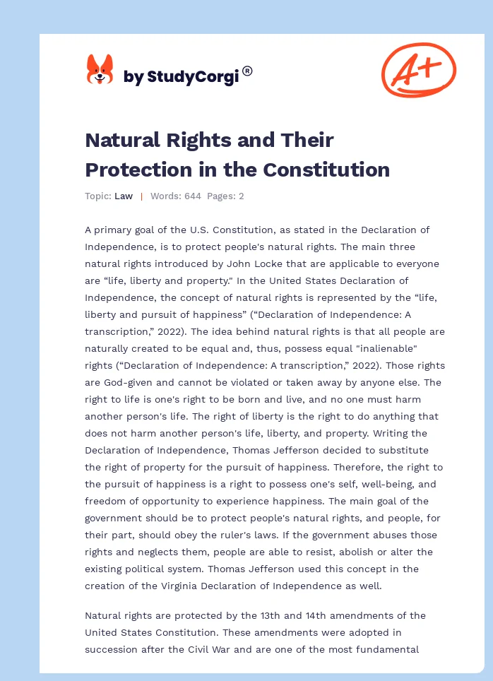 Natural Rights and Their Protection in the Constitution. Page 1
