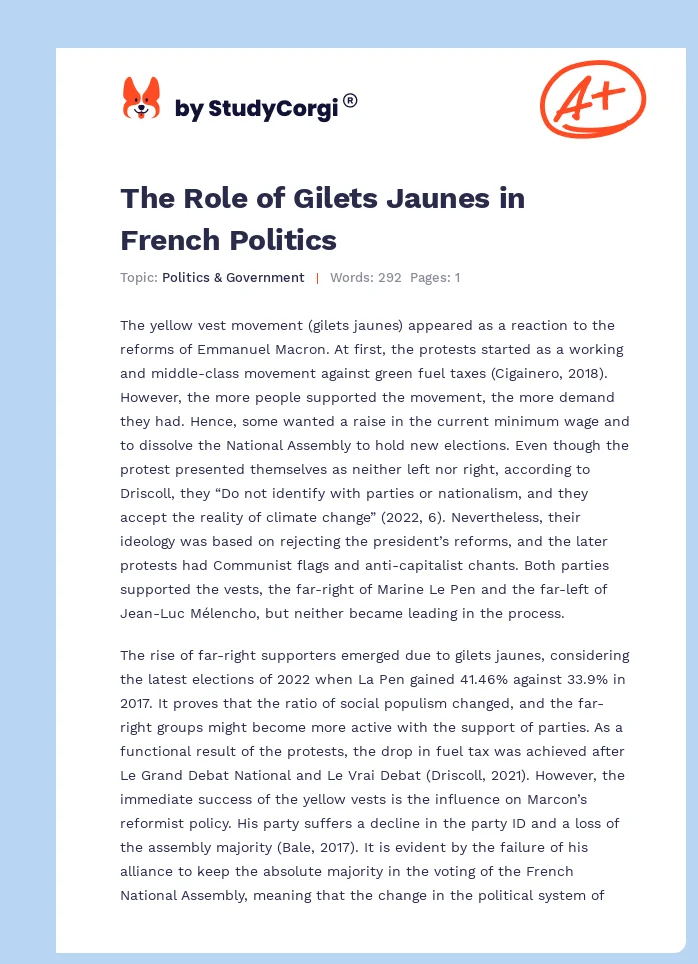 The Role of Gilets Jaunes in French Politics. Page 1