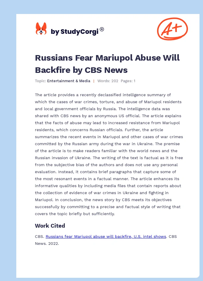 Russians Fear Mariupol Abuse Will Backfire by CBS News. Page 1