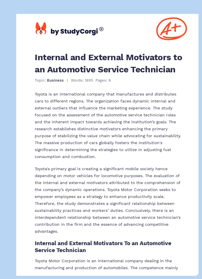 Internal and External Motivators to an Automotive Service Technician. Page 1