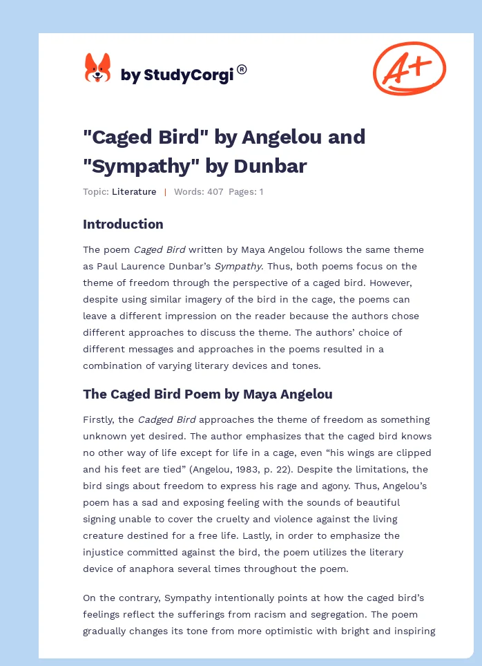 "Caged Bird" by Angelou and "Sympathy" by Dunbar. Page 1