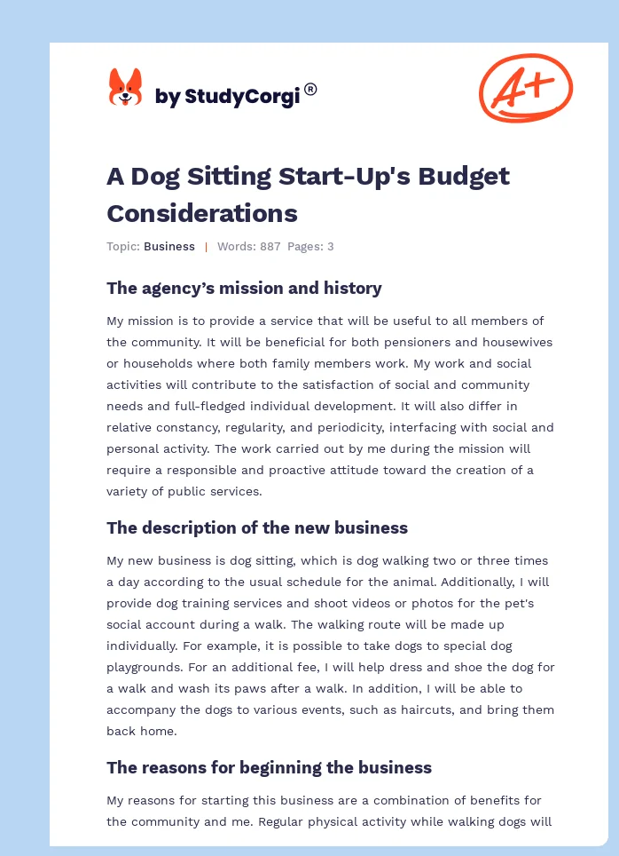 A Dog Sitting Start-Up's Budget Considerations. Page 1