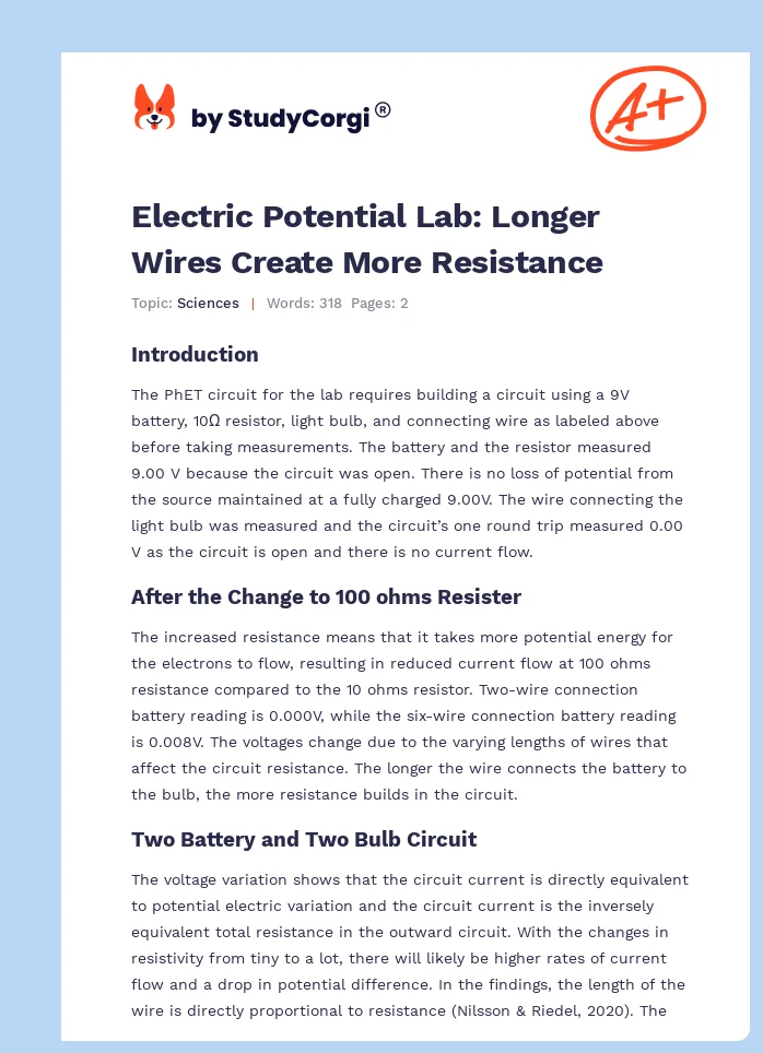 Electric Potential Lab: Longer Wires Create More Resistance. Page 1