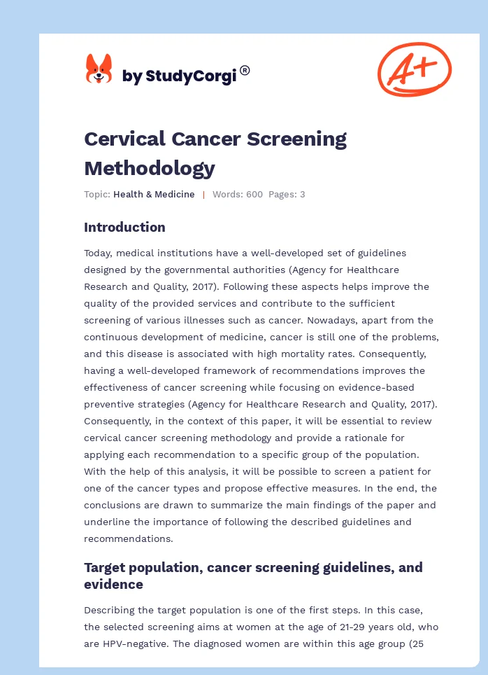 Cervical Cancer Screening Methodology. Page 1