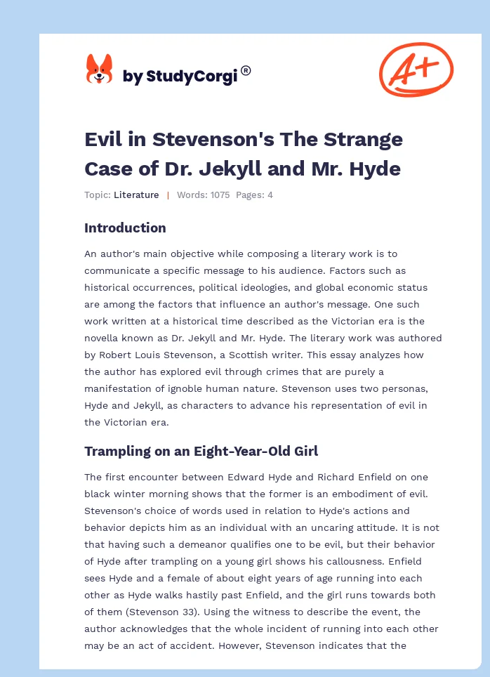 Evil in Stevenson's The Strange Case of Dr. Jekyll and Mr. Hyde. Page 1