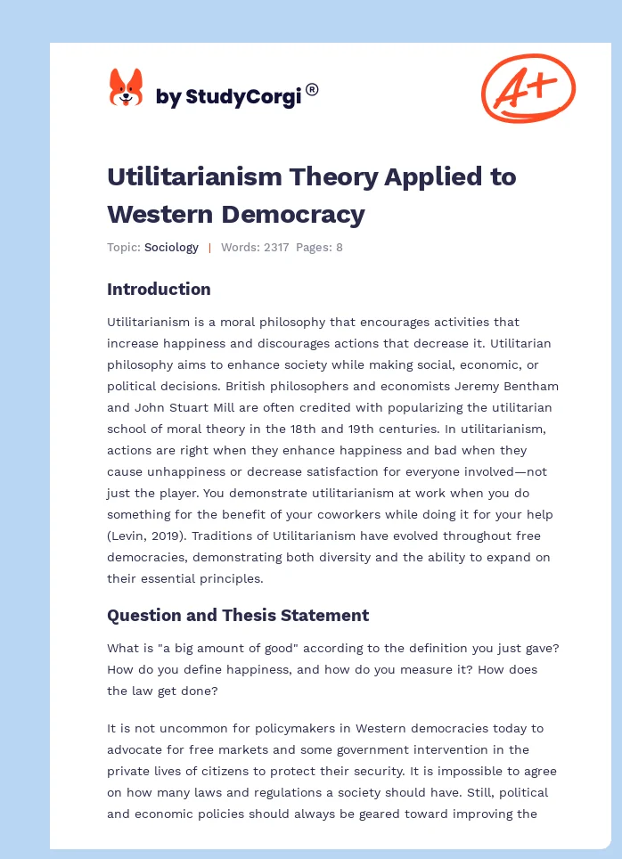Utilitarianism Theory Applied to Western Democracy. Page 1