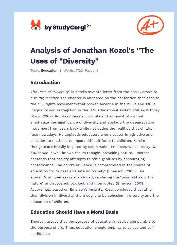 Analysis of Jonathan Kozol's "The Uses of "Diversity". Page 1