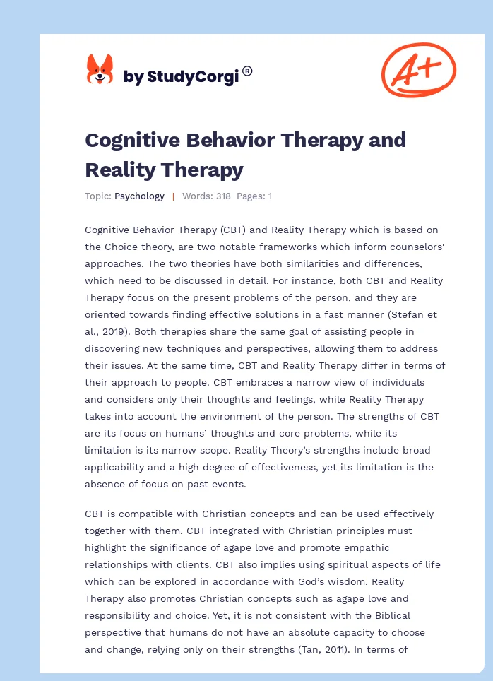 Cognitive Behavior Therapy and Reality Therapy. Page 1