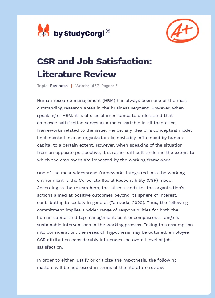 CSR and Job Satisfaction: Literature Review. Page 1