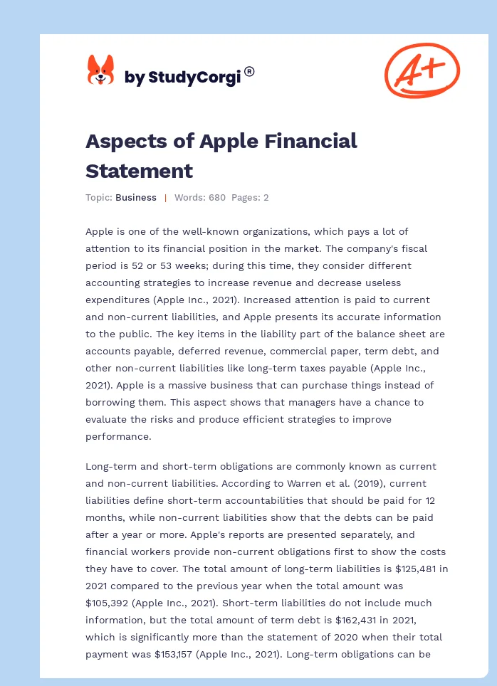 Aspects of Apple Financial Statement. Page 1