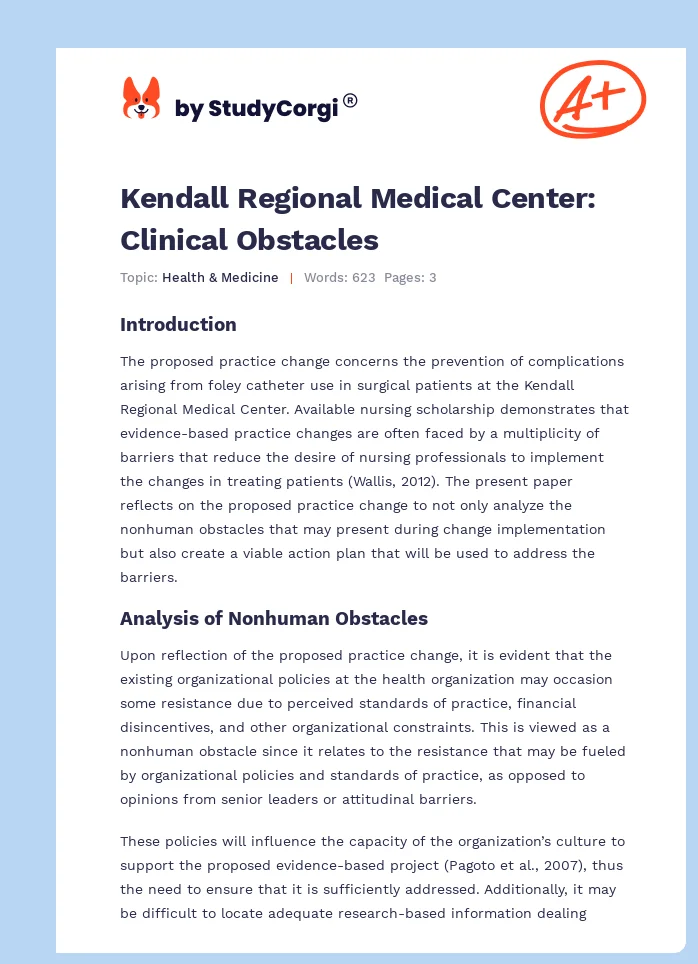 Kendall Regional Medical Center: Clinical Obstacles. Page 1