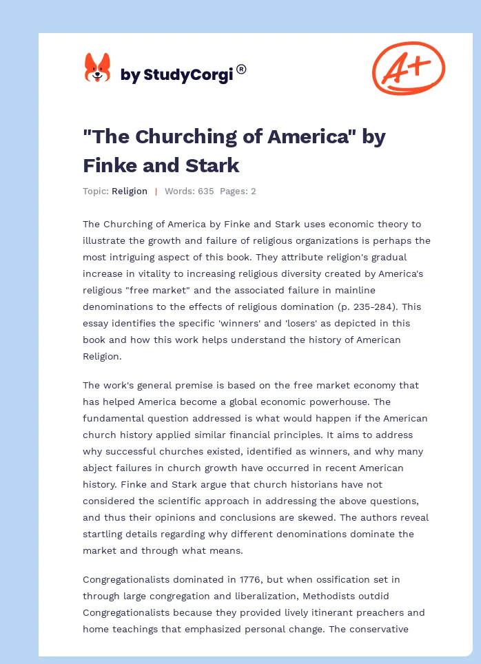 "The Churching of America" by Finke and Stark. Page 1