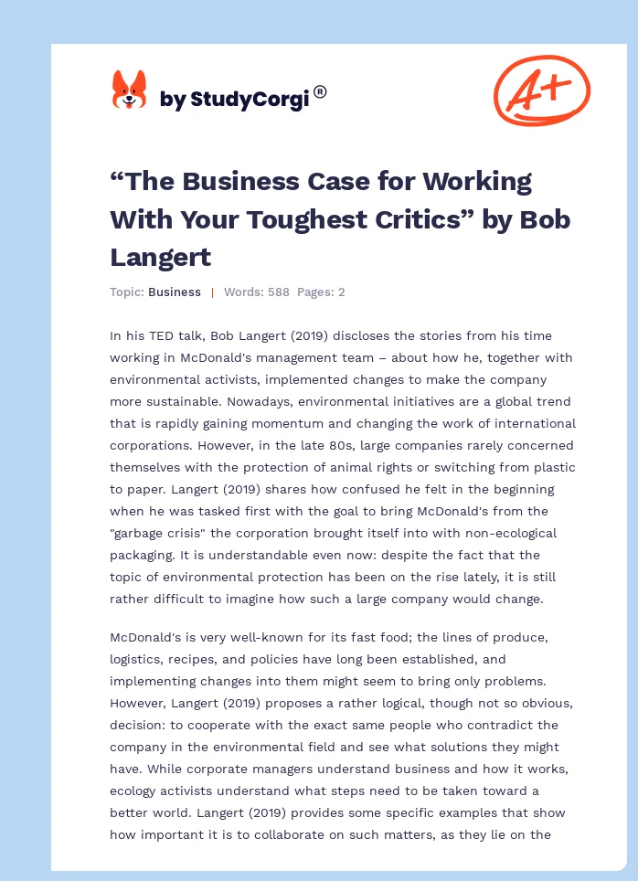 “The Business Case for Working With Your Toughest Critics” by Bob Langert. Page 1