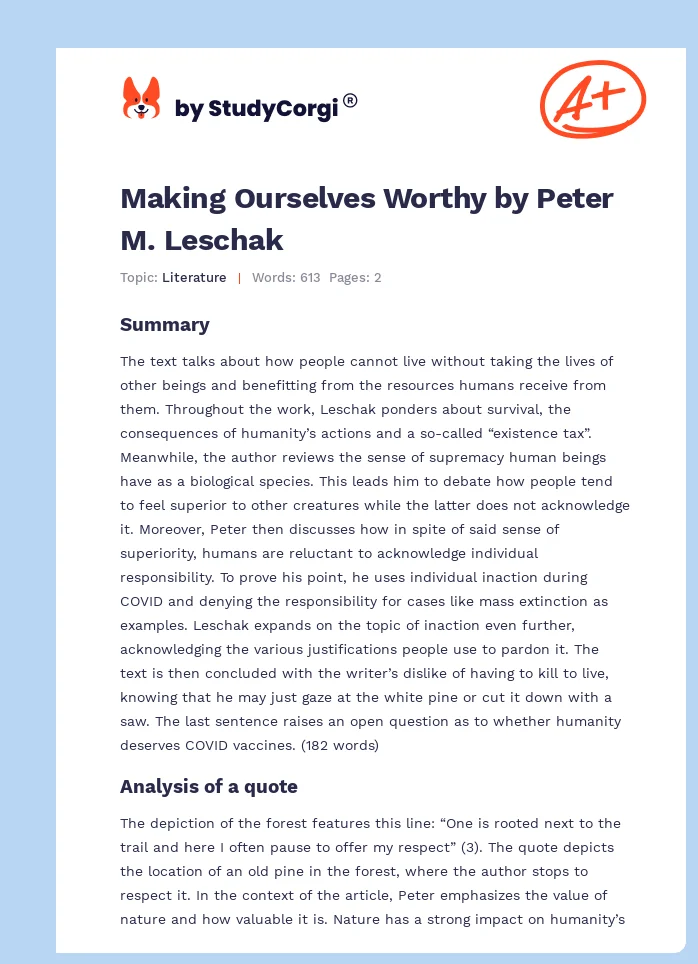 Making Ourselves Worthy by Peter M. Leschak. Page 1