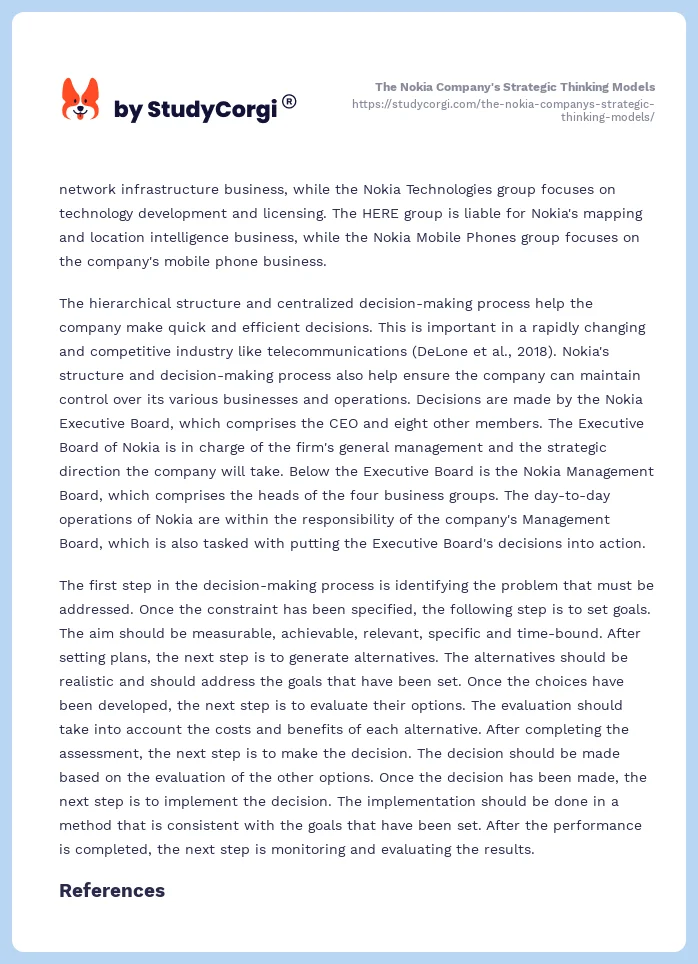 The Nokia Company's Strategic Thinking Models. Page 2
