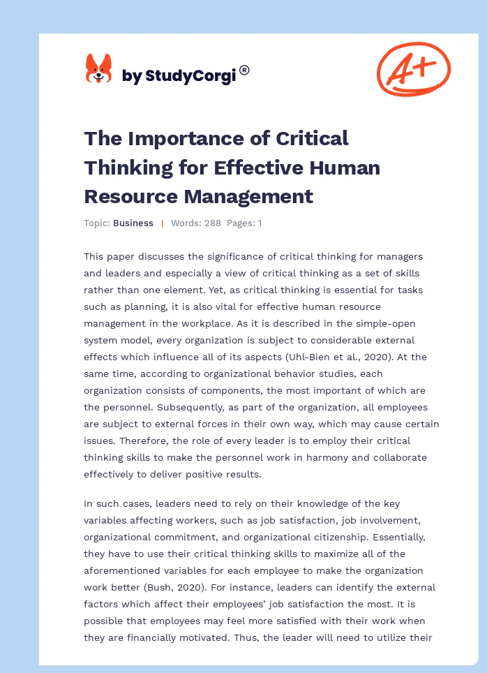 The Importance of Critical Thinking for Effective Human Resource Management. Page 1