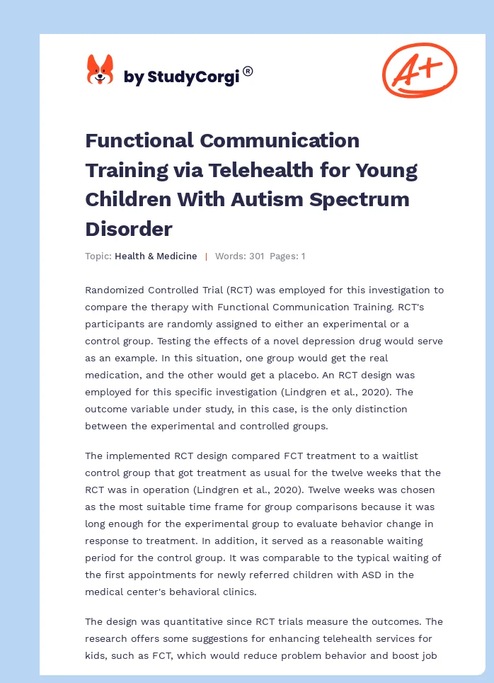 Functional Communication Training via Telehealth for Young Children With Autism Spectrum Disorder. Page 1