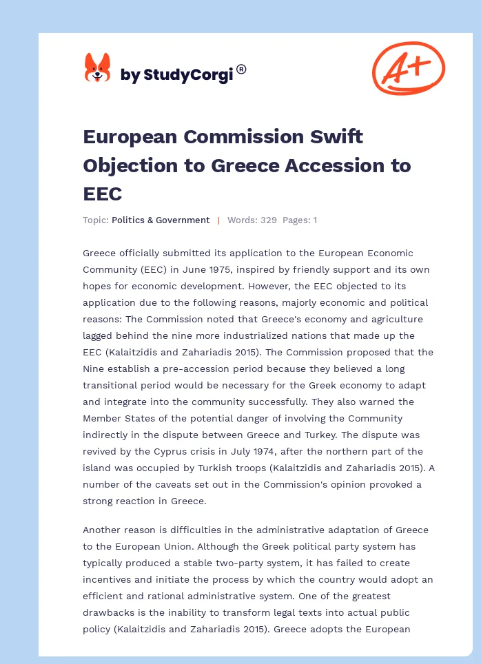 European Commission Swift Objection to Greece Accession to EEC. Page 1