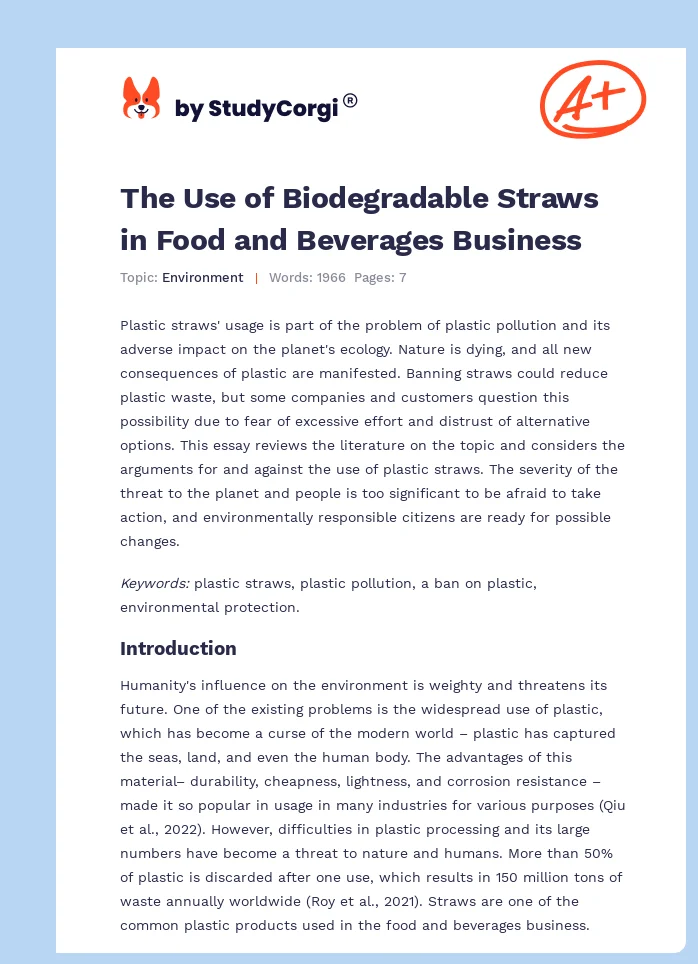 The Use of Biodegradable Straws in Food and Beverages Business. Page 1