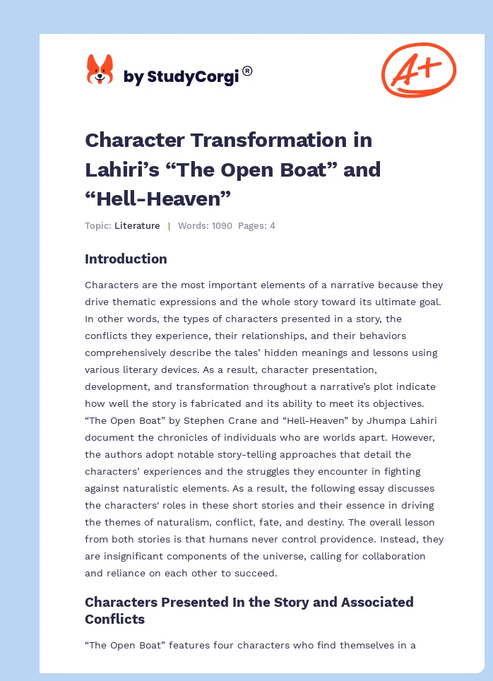 Character Transformation in Lahiri’s “The Open Boat” and “Hell-Heaven”. Page 1