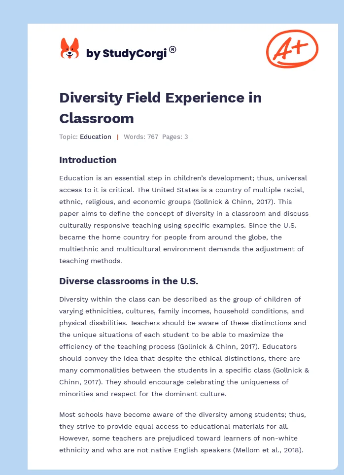 Diversity Field Experience in Classroom. Page 1