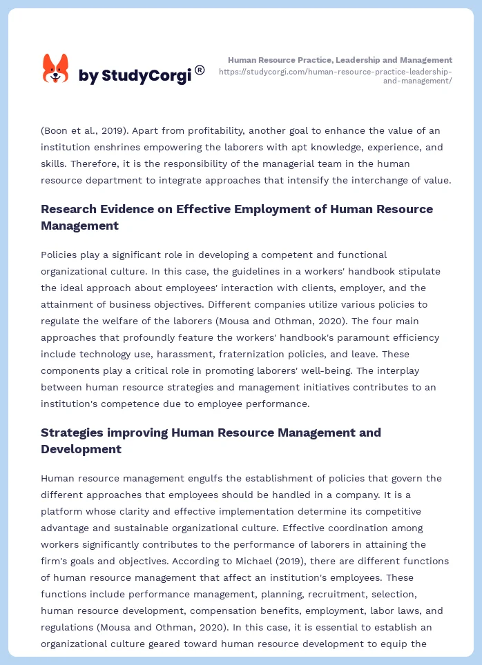 Human Resource Practice, Leadership and Management. Page 2