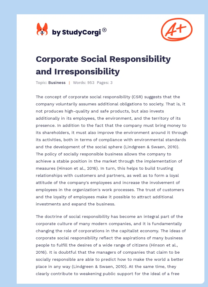 Corporate Social Responsibility and Irresponsibility. Page 1