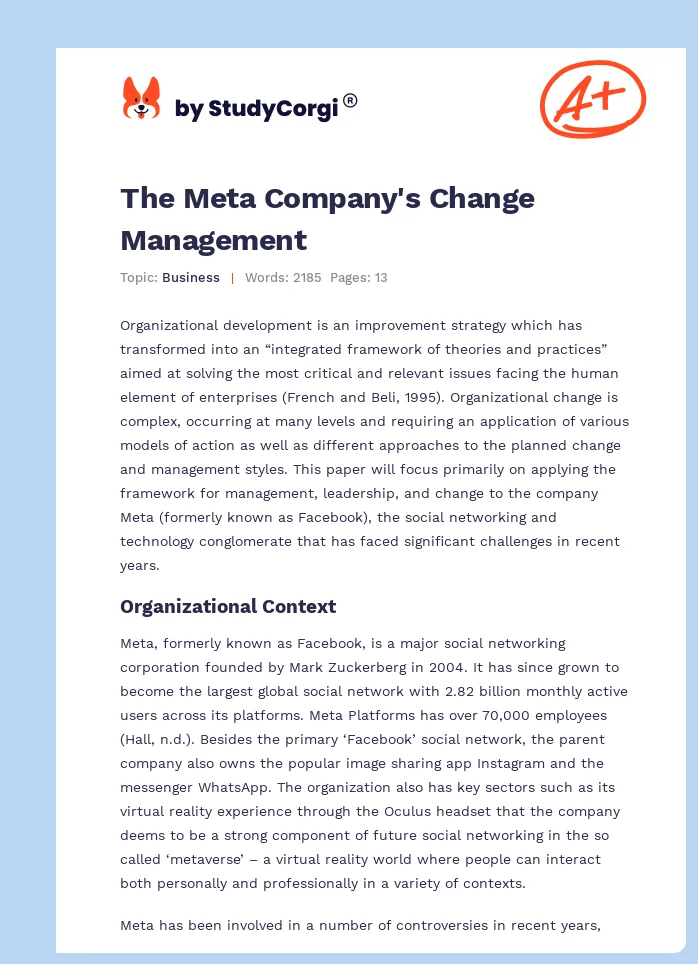 The Meta Company's Change Management. Page 1