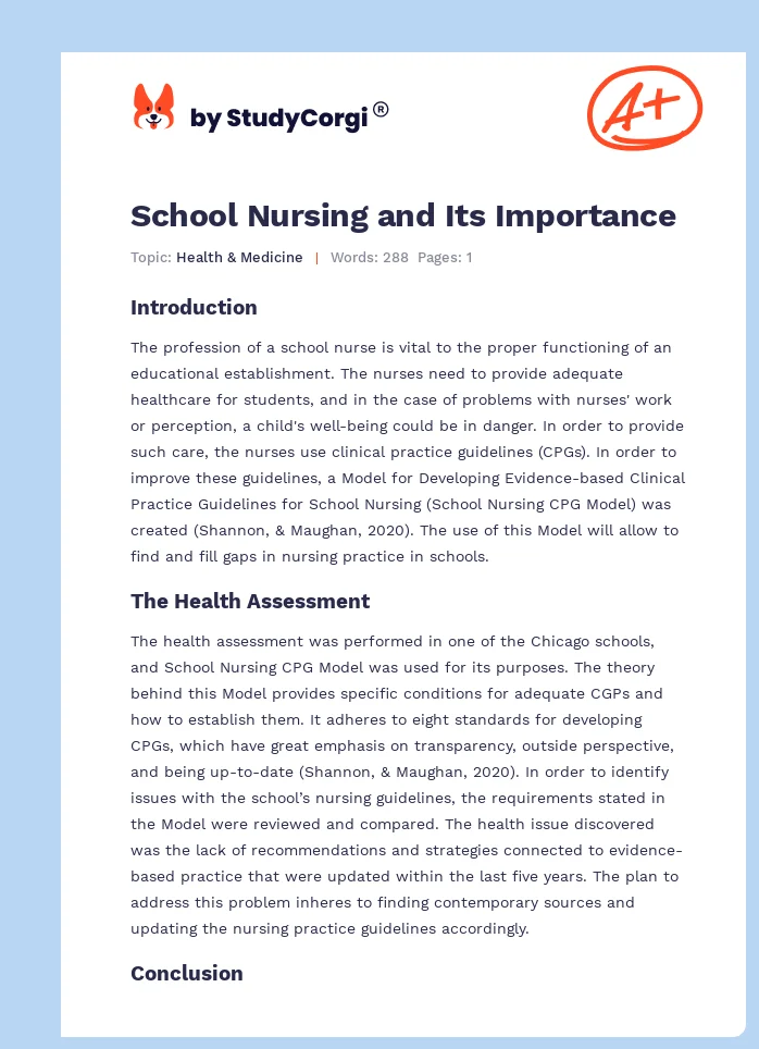 School Nursing and Its Importance. Page 1