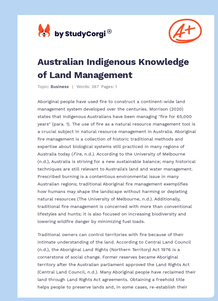 Australian Indigenous Knowledge of Land Management. Page 1