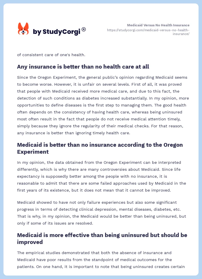 Medicaid Versus No Health Insurance. Page 2