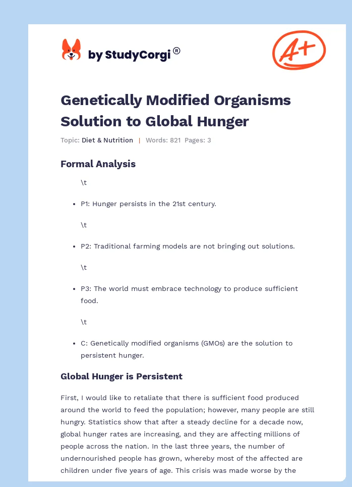Genetically Modified Organisms Solution to Global Hunger. Page 1