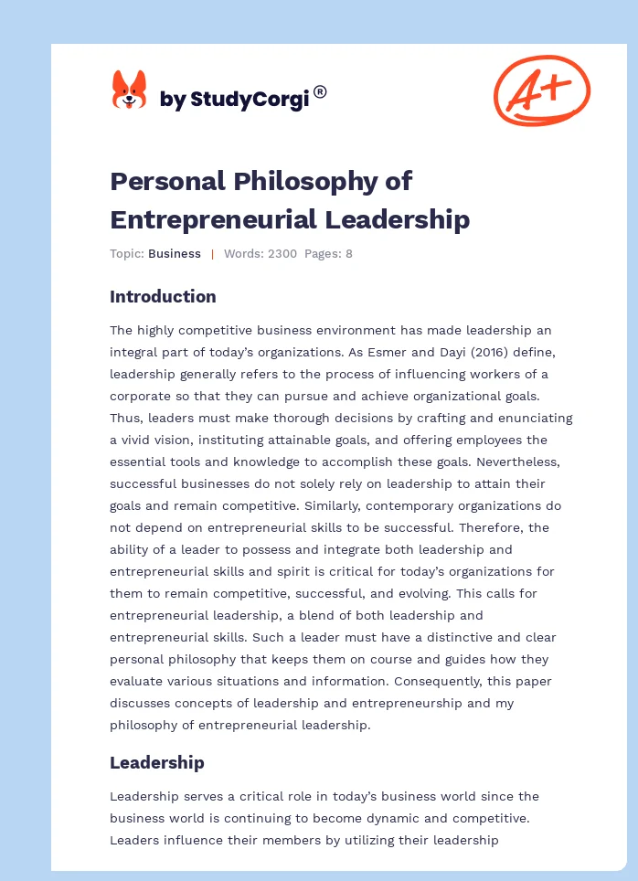 Personal Philosophy of Entrepreneurial Leadership. Page 1