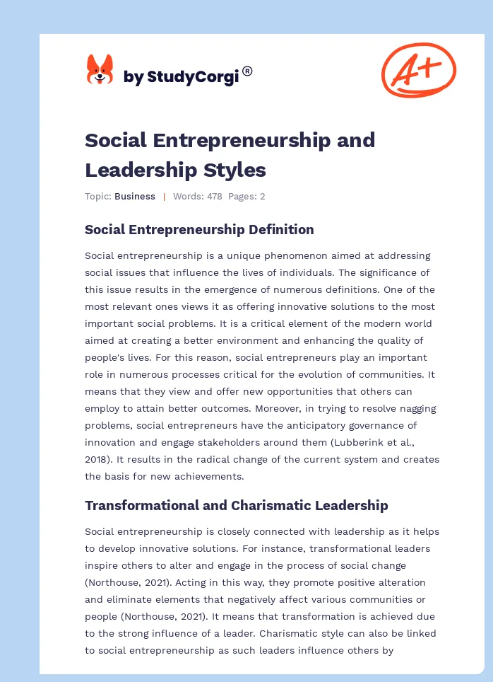 Social Entrepreneurship and Leadership Styles. Page 1