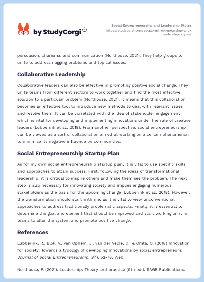 Social Entrepreneurship and Leadership Styles. Page 2