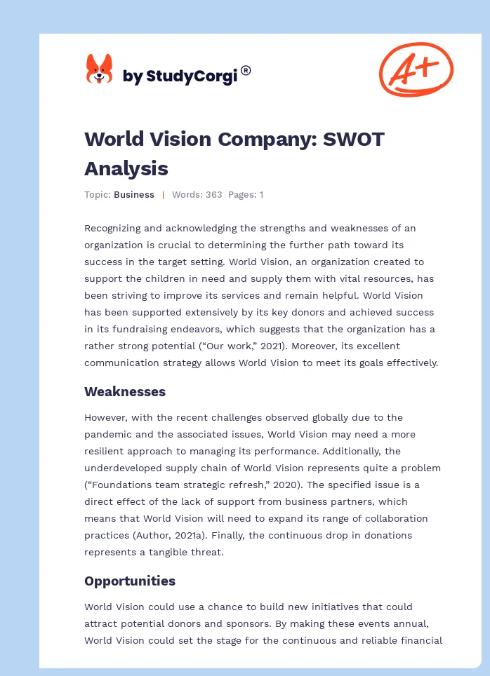 World Vision Company: SWOT Analysis. Page 1