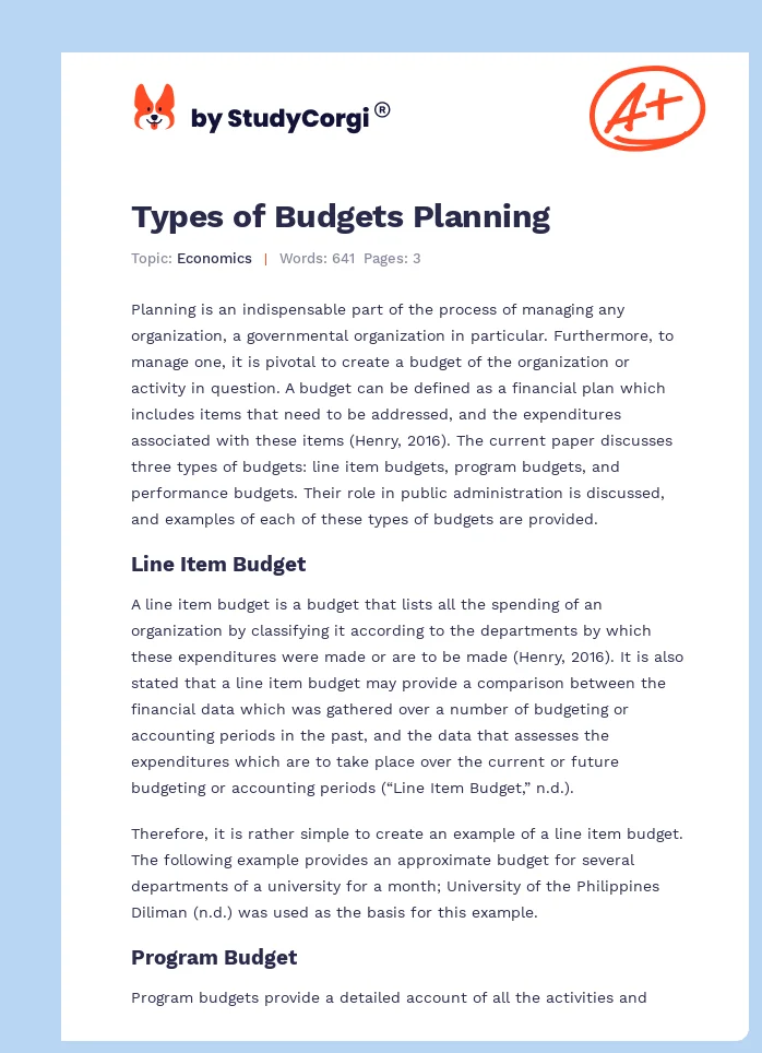 Types of Budgets Planning. Page 1