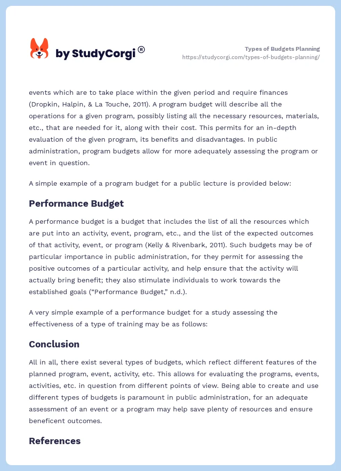 Types of Budgets Planning. Page 2