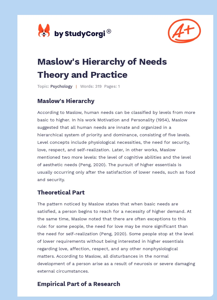 Maslow's Hierarchy of Needs Theory and Practice. Page 1