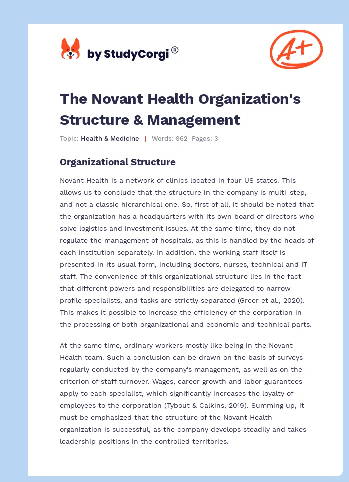 The Novant Health Organization's Structure & Management. Page 1
