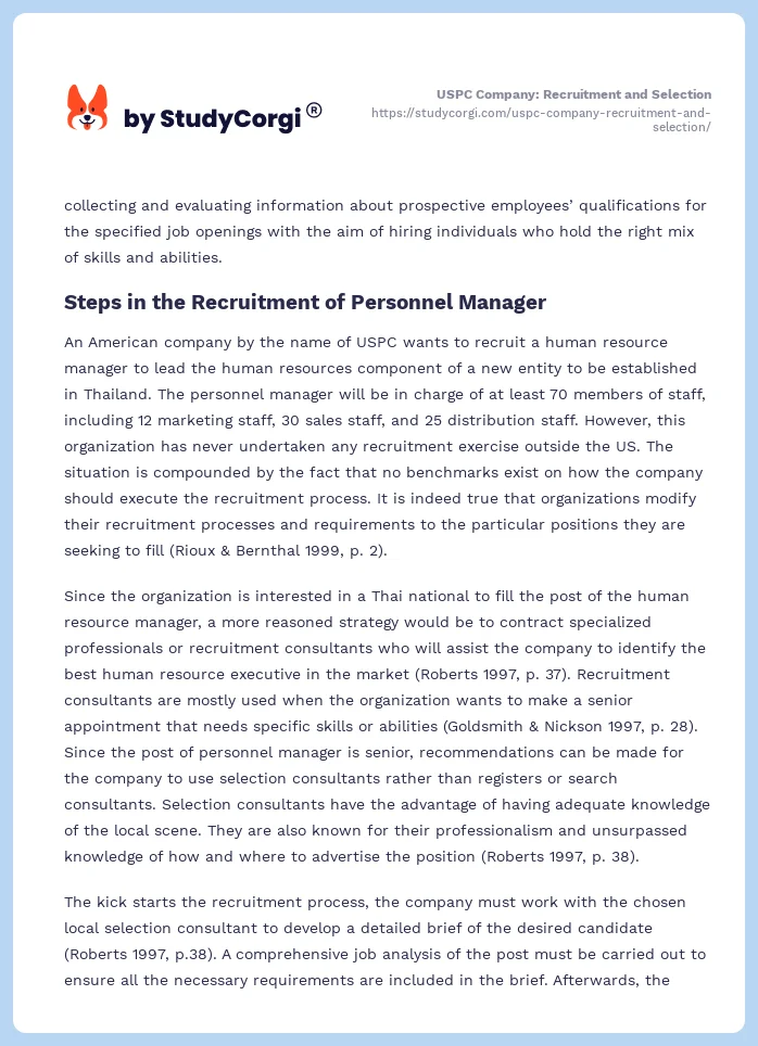 USPC Company: Recruitment and Selection. Page 2