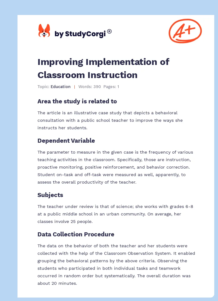 Improving Implementation of Classroom Instruction. Page 1