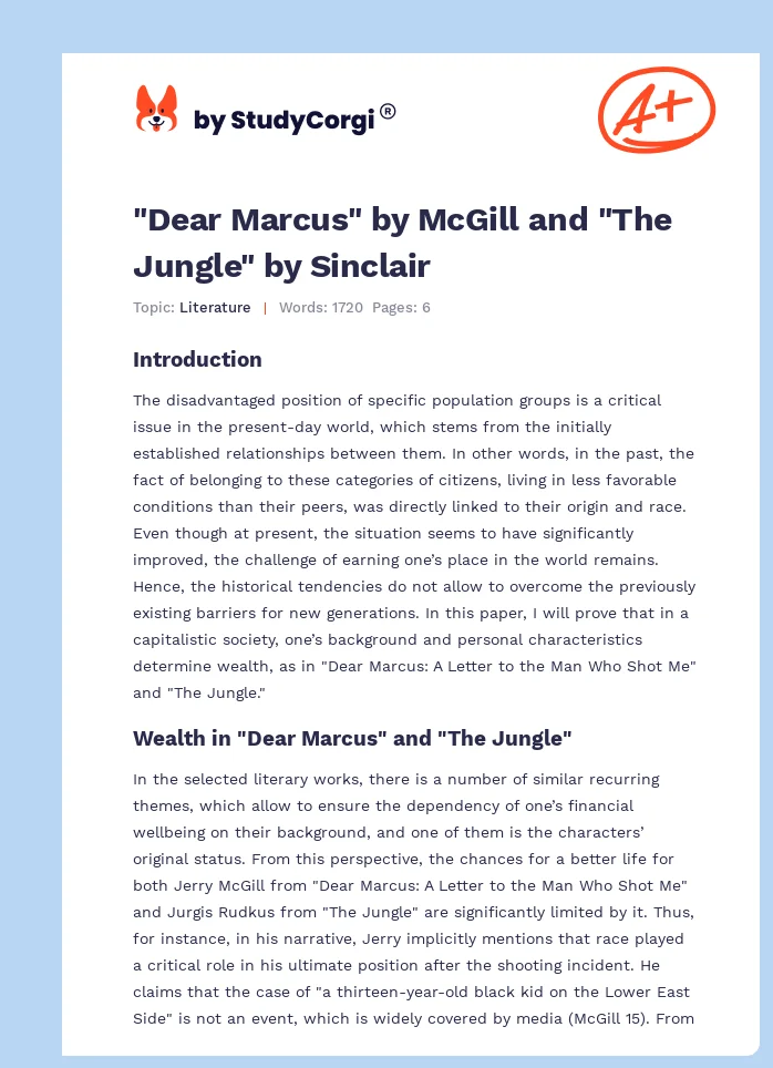 "Dear Marcus" by McGill and "The Jungle" by Sinclair. Page 1